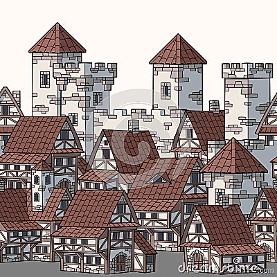 Illustration of Medieval city. Seamless vector pattern. Vector Illustration